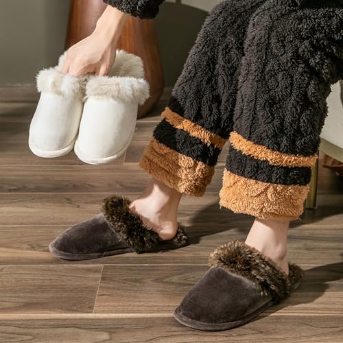 Women's and Men's Artificial Fluffy Slippers, Couple Plush Memory Foam Slippers, Ladies Warm Slip on Slippers with Faux Fur Lining, Winter Non-Slip Indoor House Shoes3