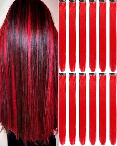 Olldag 12 PCS Red Hair Extensions Clip in, 22 Inch Colored Hair Extensions Party Highlights Long Straight Synthetic Hairpieces for Women Kids Girls Cosplay