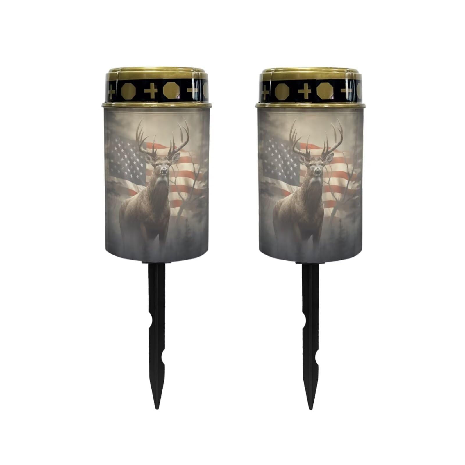Poceacles Outdoor Lights Solar Powered Flameless Candle Cemetery Votive Candles Waterproof Outdoor Memorial Candle Solar Stake Lights 4th of July Patriotic Decor, Deer American Flag Retro, Pack of 2