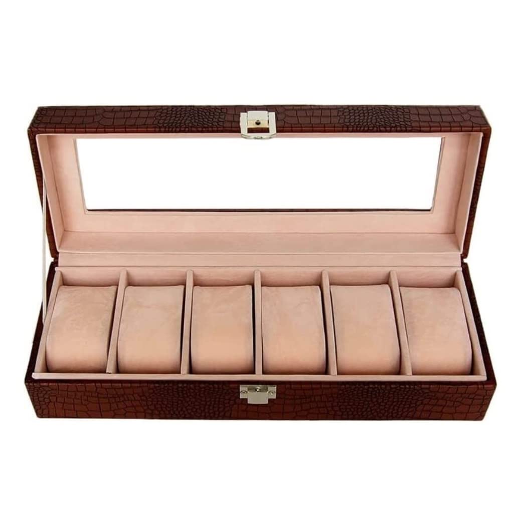Uhrenbox, Uhrenbox, Aufbewahrungskoffer, Leder, Herrenuhr, Organizer, 6 Fächer, mit Glasdeckel, abnehmbare Kissen, Uhrengehäuse (C)
