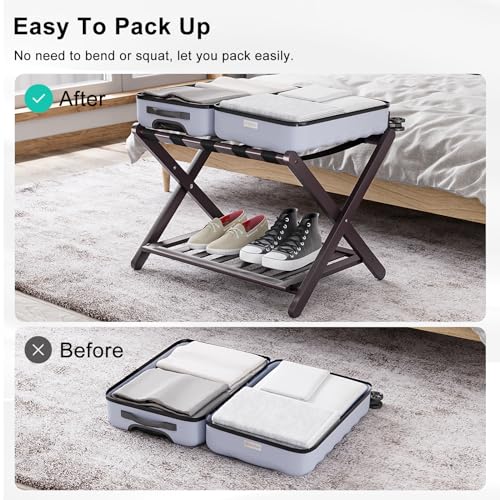 Smuxee Fully Assembled Brown Luggage Racks Pack of 2, Upgraded Bamboo Foldable Suitcase Stand with 5 Nylon Straps, Luggage Holder with Shelf for Guest Room Bedroom Hotel