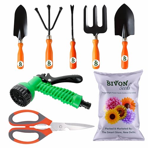 SIVON Gardening Tools Kit-8 Pcs (Fork, Cultivator, Big Trowel, Small Trowel, Weeder, Garden Scissor, Water Spray Gun, Flower Seeds Packet) | Durable Gardening Tools | Home Gardening Tool Kit