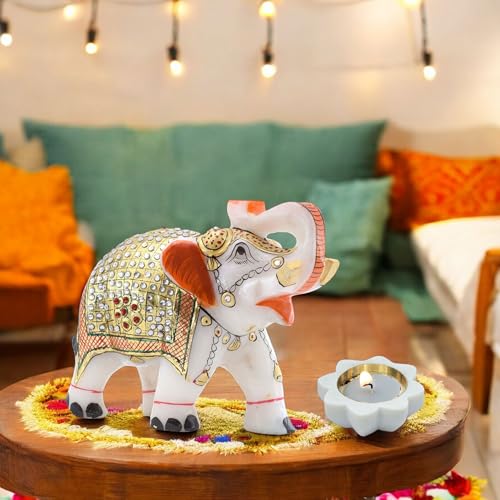 Diwali Gift Set with Handcrafted 5-Inch Marble Elephant & 3-Inch Marble Diya - Ideal for Home Decor, Vastu, Feng Shui, Weddings, Housewarming & Corporate Gifts — photo — 3 of 9