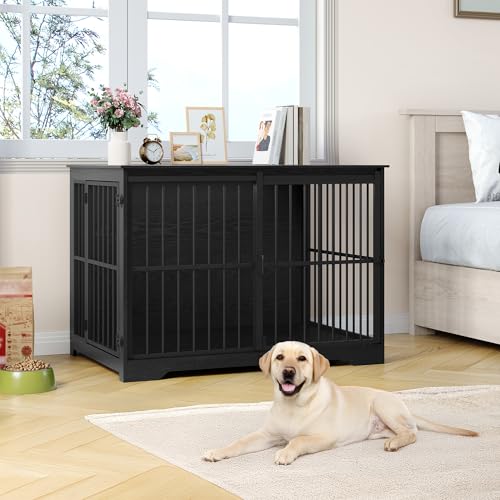 Hzuaneri Hundekäfig Möbel, 110cm Hundebox, 2 Türen, Moderne Hundekäfig Indoor für kleine/mittlere/große Hunde, Beistelltisch, Verstärkte Schiebetür, 110 × 65 × 81 cm, Schwarz DFC84404B