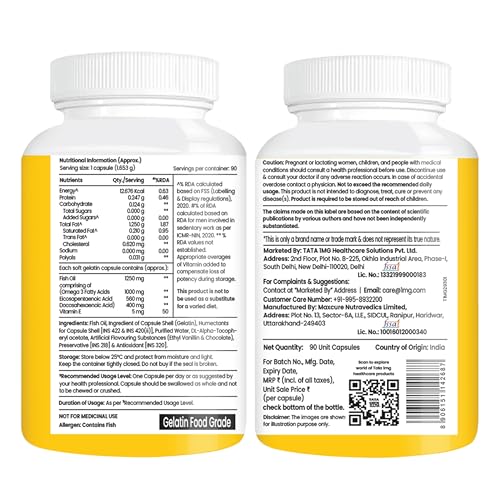 Image of TATA 1MG Triple Strength Omega 3 Fish Oil Supplement - 1250 Mg (60 Capsules) | 560 Mg EPA & 400 Mg DHA | For Faster Muscle Recovery And Improved Stamina | For Men And Women