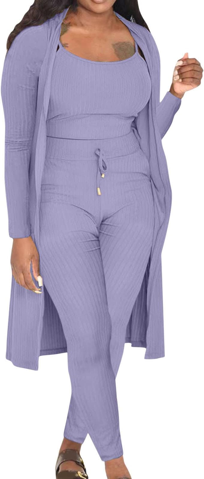 3 Piece Outfits for Women Ribbed Knit Tank Tops Long Sleeve Cardigan Bodycon Pants Fall Winter Casual Three Pcs Outfits