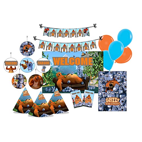 Image of Pretty UR Party Grizzy and the Lemmings Party decorations Kit - 80 pcs includes Banner, balloons, thank you, centerpiece, danglers, Grizzy Party Supplies, Lemmings Birthday Decor, DIY Pack for kids
