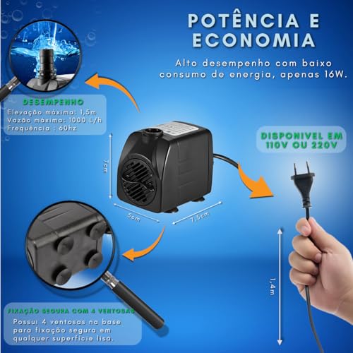 Bomba Submersa PL-203 1000 L/H para Fontes, Lagos e Aquários – Silenciosa, Econômica, Compacta, Elev