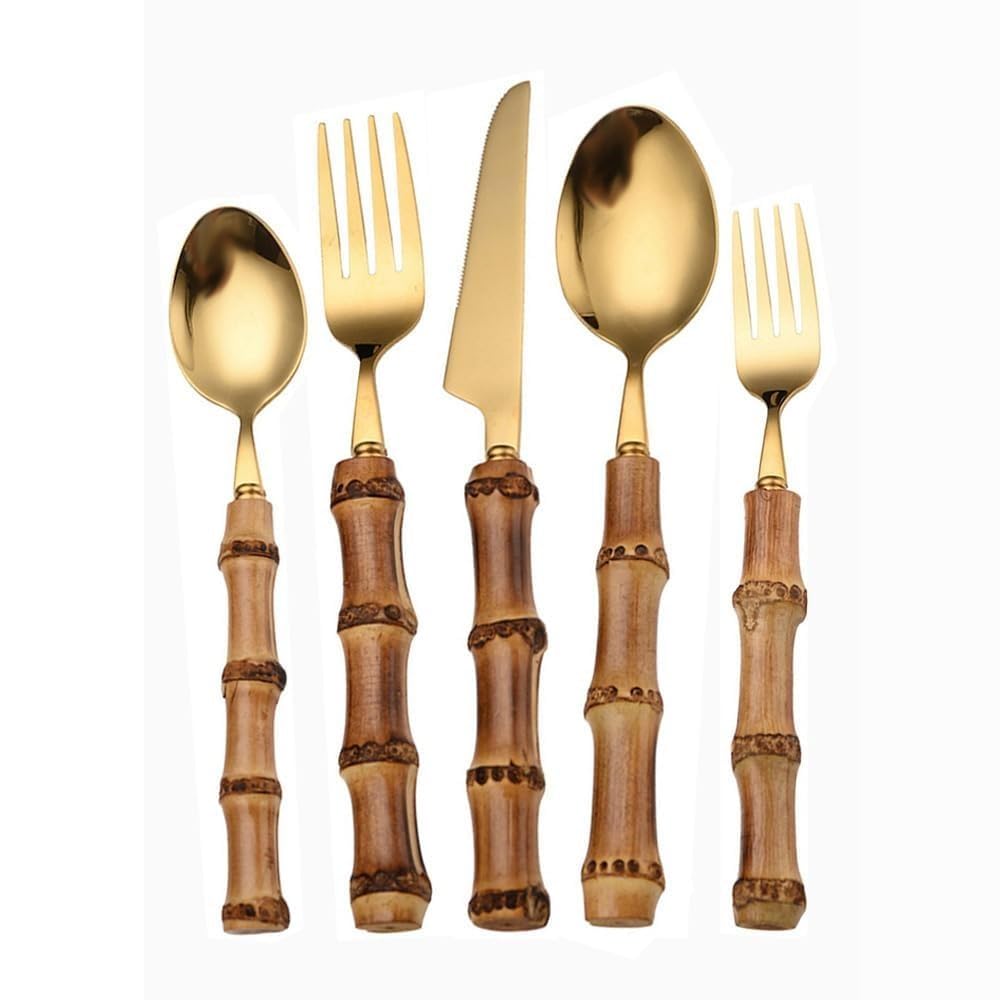 Featured Genuine Bamboo Handle Kitchen Stainless Steel Silverware Tableware Flatware Cutlery Knives Forks Spoons Set Home Steak Knife Dessert Spoon (Gold,5 Pieces)