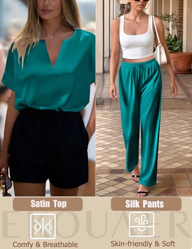 Image of Ekouaer Satin Pajama Set Womens Silk Short Sleeve V Neck Shirt with Long Pant Soft Loungewear Pjs Set
