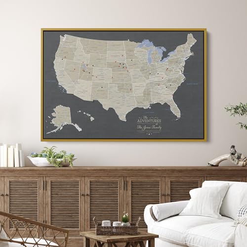 Image of United States Travel Map with Pins - Earth Tone USA Pinnable Map to Track Travels - Canvas Wall Art Gift for Travelers - Gold Float Frame - 24 inch x 36 inch