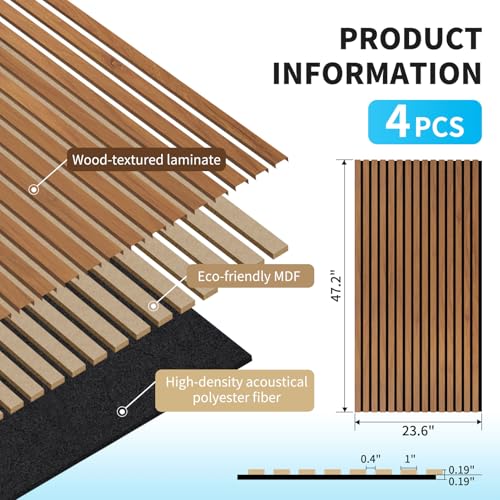 Image of Art3d 47 x 23.6 Inch Acoustic Wood Slat Design Wall Panels, 4-Pack, Walnut