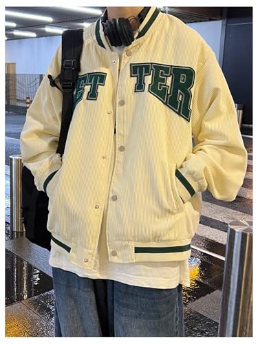 Image of MakeMeChic Men's Corduroy Jacket Letter Graphic Long Sleeve Button Down Warm Coats Beige and Green Small
