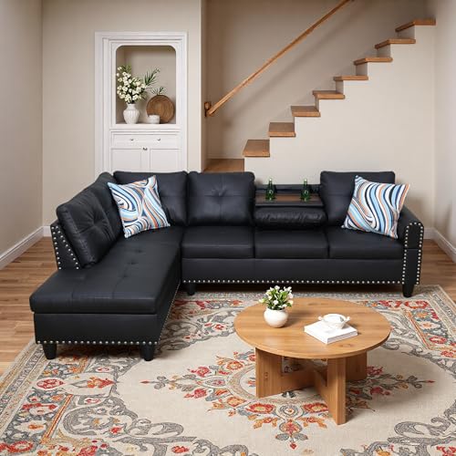 Image of L-Shaped Sectional Sofa, Modern 4-Seat Couch with Built-in Cup Holders, Leather Sectional Couch with Left Facing Chaise for Living Room, Apartment, Office, Black