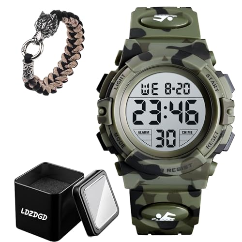 LDZDGD Tactical Digital Watch Waterproof 50M with LED Backlight, Stopwatch, Alarm, Shock Resistant Design for Outdoor Sports, Hiking, Running, and Everyday Wear(Green Camo)