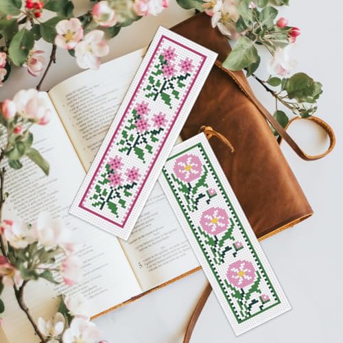 Image of BEUNITONE Cross Stitch Bookmark Kit 6 Pcs Flower DIY Bookmarks Cross Stitch Kits for Adults Beginners with Instructions Cute Pre-Sorted Floss Cross-Stitch Stamped Embroidery Kit for Gifts 8''x2.4''