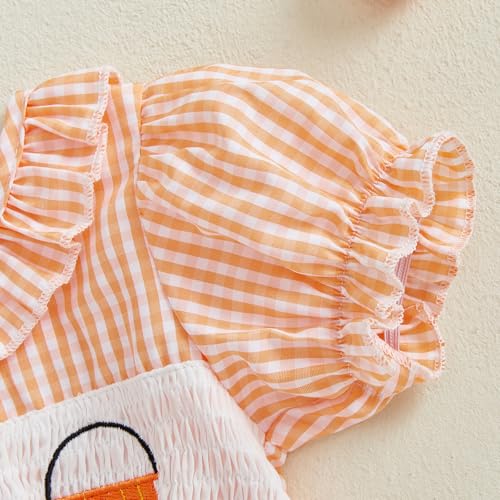 Infant Baby Girl Summer Outfits Pumpkin Plaid Ruffle Short Sleeve Romper Smocked Bodysuit Halloween Clothes4