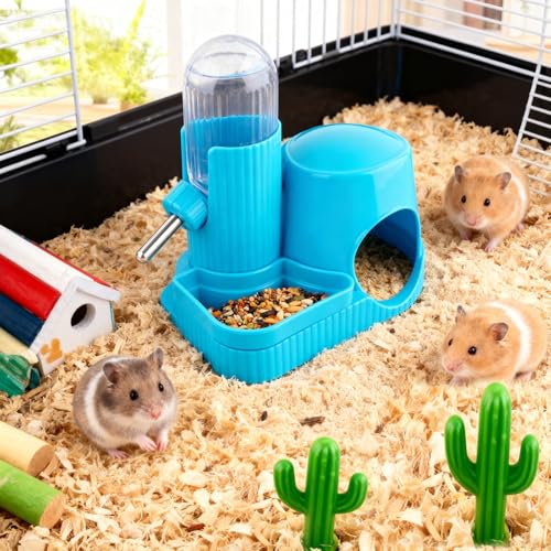 Image of 3 in 1 Multifunctional Hamster Water Bottle No Drip Gerbil 100ML Water Bottle Dispenser with Food Bowl Small Animal Auto Dispenser with Hideout Base Hamster Cage Accessories (Blue)