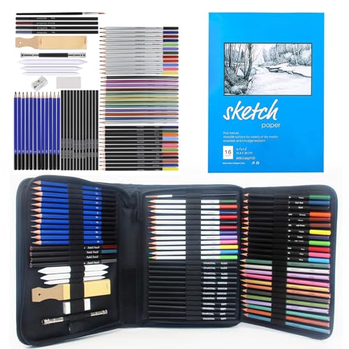 Kit Lapis de Desenho Profissional 74 Peças com Estojo Portátil, Lapis de Cor e Grafite Profissional, Sketchbook, Borrachas, Estilete e Acessórios para Artistas e Estudantes Linha Super Premium