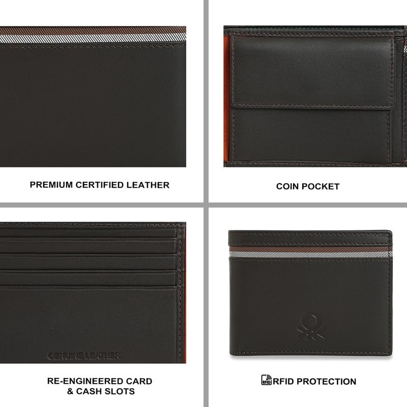 Image of United Colors of Benetton Men Global Coin Wallet Wiltshire Brown Pure Leather Wallet for Men Original Bi Fold Design Top 10 Branded Leather Wallet Style with Dual Currency Slots