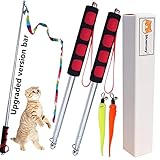 Bluemary Cat Feather Toy, 2pcs Retractable Big Handle Cat Wand Toy and 4pcs Rainbow Cat String Toy...