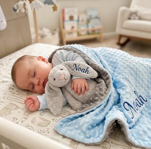 Image of Personalized Baby Blanket and Plush Bunny Set, Custom Baby Blankets and Rabbit with Name, Personalized 2 in 1 Gift Set for Boy Girl Toddlers, Minky Dot Swaddle, Gift Set for Showering, Birthday