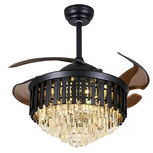 Crystal Ceiling Fan Chandelier Indoor Luxury Hiding Quiet 42 Inch Polished Gold Retractable Ceiling Fan Light LED 3 Color Setting, Dual Control-Remote and Wall Control (black)