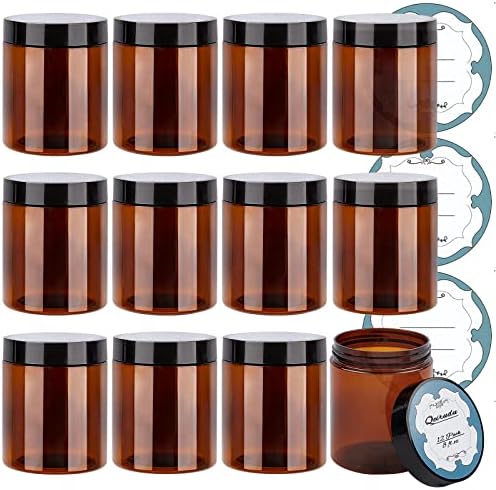 Qeirudu 8 oz Amber Plastic Jars with Lids and Labels, 12 Pack Refillable Empty Round Cosmetic Containers for Body Butter, Creams, Lotion, Essential oil, Powders, Ointments
