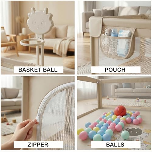 Image of Baybee 200 x 180 CM Kids Playpen for Babies with Basket Ball Hoop | Baby Play Area Indoor Setup with Colourful Balls, Zipper Door & Toys Pouch | Kids Activity Play Gate Fence with Corner Protection | Outdoor play pen for baby for 0 - 5 years Boys Girls (Beige)