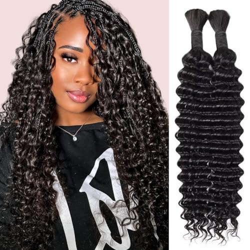 Human Braiding Hair for Boho Braids, 100g 18 Inch Deep Wave Raw Human Hair, Soft, Tangle-Free, No Weft, Lightweight, Natural Color, 2 Bundles