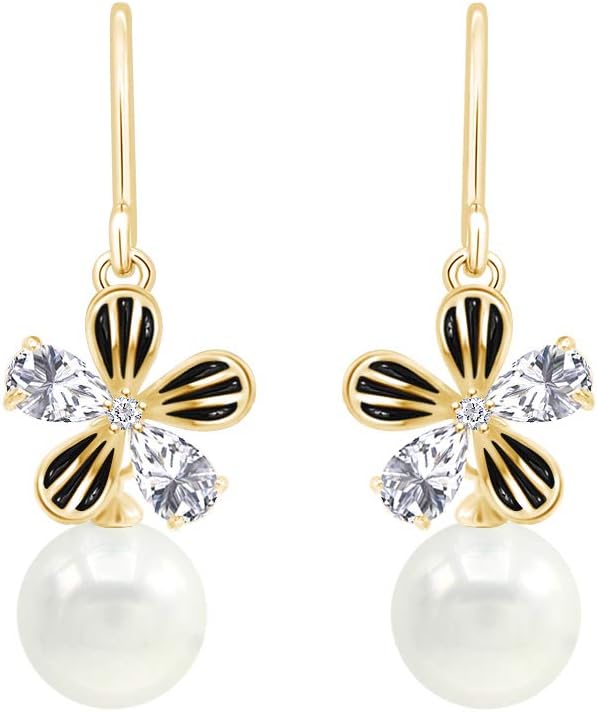 Enamel Flower Shell Pearl 8mm Drop Dangle Earrings 14K Gold Plated 925 Sterling Silver