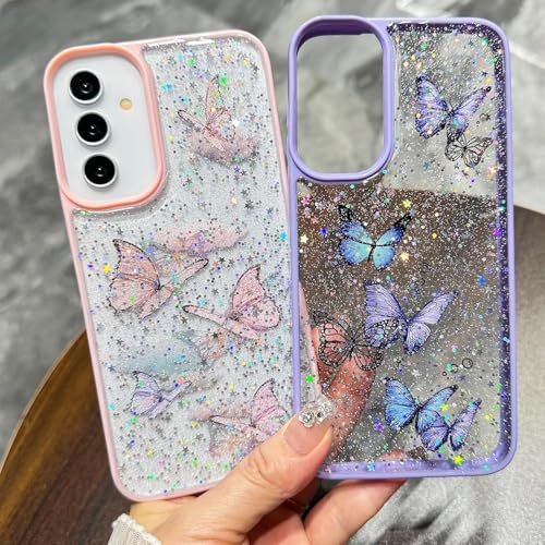 Image of VONZEE for Samsung Galaxy A26 5G Clear Glitter Butterfly Case, Cute Bling Sparkle Shiny Soft Silicone TPU Bumper Shockproof Women Girls Slim Protective Phone Cover for Galaxy A26 5G, Mint Green
