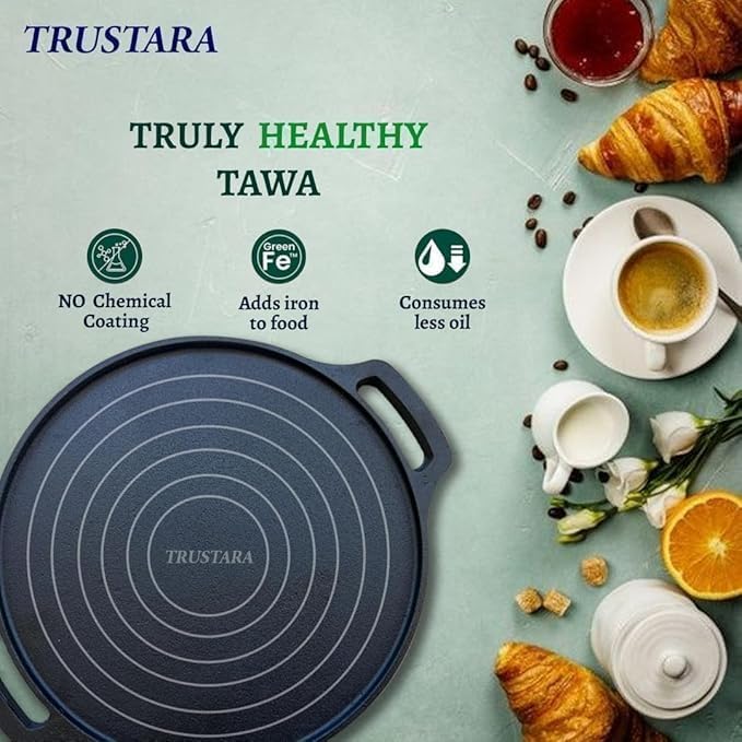 Image of Pre-Seasoned Cast Iron Tawa for Dosa /Chapathi /Roti | 29 cm, 2.7kg| Gas & Induction Stove-Friendly | Non-Stick, Pre-Seasoned Tawa, Long Lasting & Toxin-Free, No Chemical Coating, Black-M1 (25)