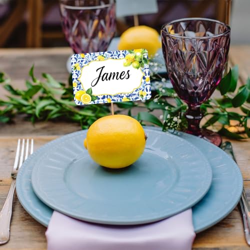 Image of Whaline 180 Pcs Capri Lemon Name Labels Classroom Bulletin Board Label Decals Yellow Lemon Blue Tiles Name Tag Stickers for Spring Summer Office School Desk Wall Decor