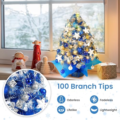 Image of 2FT Mini Christmas Tree, Blue Tabletop Christmas Tree, Prelit Small Christmas Tree with 60 LED Lights, 100 Lifelike Branches, 73 Ornaments, Artificial Xmas Tree for Home Indoor Decor