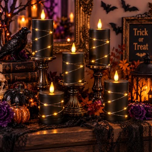 Image of Homemory Black Flameless Candles with Fairy Lights, Remote Timer, Set of 3