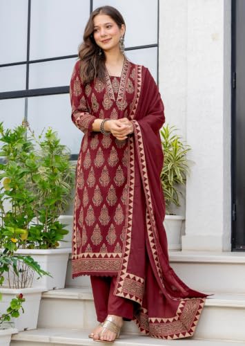 Image of Amayra Woman's Pure Cotton Straight Kurta Sets with Pant & Dupatta|Kurti Set for Woman|Suit Set for Women Cotton