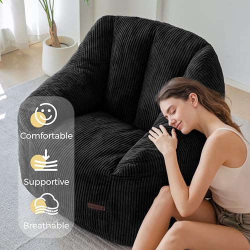 Image of MAXYOYO Bean Bag Chair, Bean Bag Sofa with Filler, Cozy Living Room Chair for Adults and Kids, Stuffed Floor Sofa for Bedroom Dorm Reading, Black