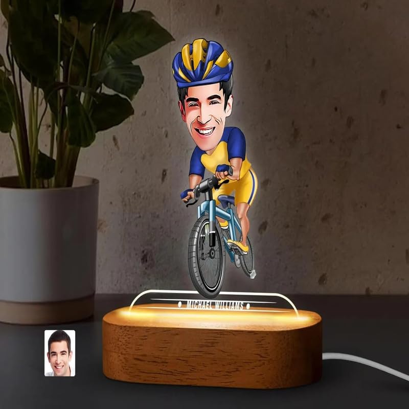 Image of THE GRANDEUR Caricature Gift for Men, Personalized Bicycle Cartoon LED Light Gift - Custom Cyclist Figurine with Wooden Stand, Unique Birthday Gift for Him, (15 x 6 cm)