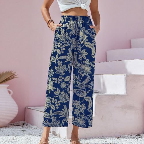 Wide Leg Cropped Pants for Women Business Casual Floral Elastic High Waisted Capri Palazzo Pants with Pockets Bottoms4