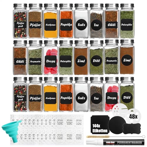 COM-FOUR® 24x Pots à Épices en Verre 120 ml Avec Accessoires - Contrôle des Épices, Arrosage, Pinceau, Entonnoir, Étiquettes, Stylo (24 Pièces)
