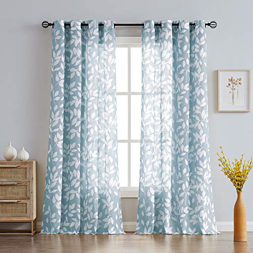 Image of Treatmentex Blue Semi-Sheer Curtains for Living Room Windows 95 inch Long White Print Leaf Curtains for Bedroom Grommet Top Curtain Panels, 1 Pair
