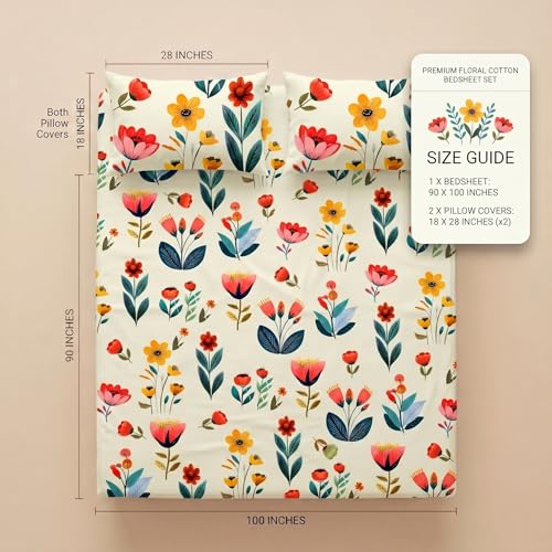 Image of BSB HOME 240 TC Cotton Bedsheet with 2 Pillow Covers, Soft Breathable Floral King Size Flat Bed Sheet - 90 x 100 Inches (228 x 254 cm) (Warm Alabaster)