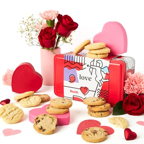 Image of David's Cookies Shortbread Cookies in Sweet Sampler Tin - Original and Chocolate Chip Shortbread Cookies in a Love-Themed Gift Tin - Gourmet Food Gift Basket for Her, Him
