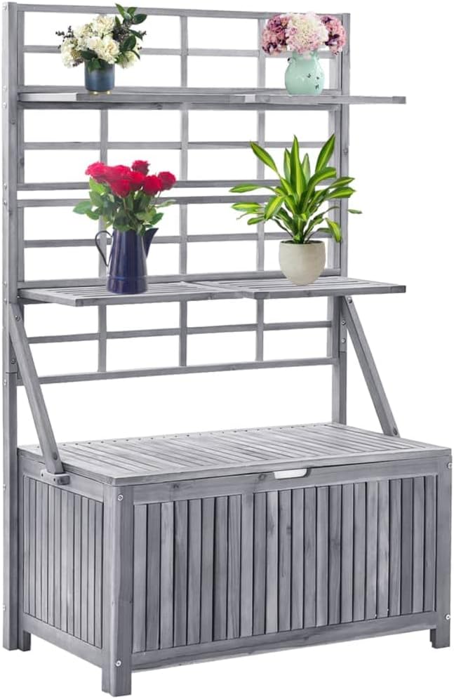 Storage Box with Trellis,deck box,outdoor storage box,Features 4 shelves,Shelves can be adjusted in position,Includes waterproof inner bag,Gray 39"x21.7"x63" Solid Acacia Wood