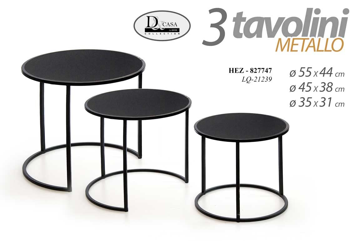 Gicos Set 3 Tavoli tavolini tondi struttura metallo colore nero 55 * 44 cm 45 * 38 cm 35 * 31 cm HEZ-827747