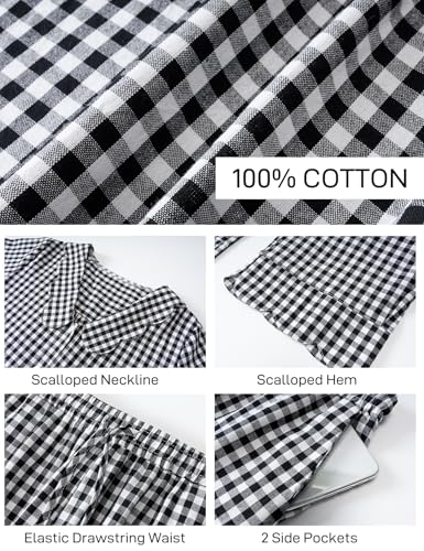 Image of Flygo Womens Gingham Pajamas Set Cotton 2 Piece Pj Set Scalloped Collar Babydoll Shirt Pants Plaid Y2K Lounge Sets