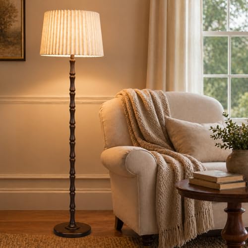Image of Real Wood Floor Lamp with Dual Lampshades, Sculptural Spindle Standing Lamp with Foot Switch, Modern Farmhouse Dimmable Floor Lamp for Living Room, Bedroom, Reading Corner & Cozy Home Decor
