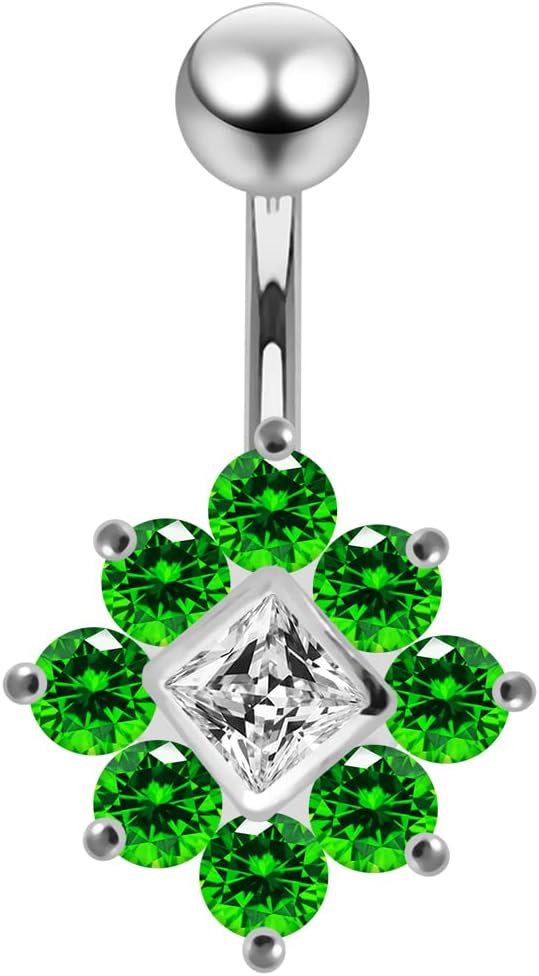 Fancy Studded Square Flower Design 925 Sterling Silver with Stainless Steel Belly Ring - Belly Button jewelry - Navel jewelry