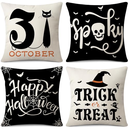 Gujiahone Halloween Pillow Covers 18 x 18 Set of 4 -Linen Print Thanksgiving Sofa Pillow Cover -Happy Halloween Cushion Case for Holiday Party Living Room Bedroom Home Fall Decorative - image 1